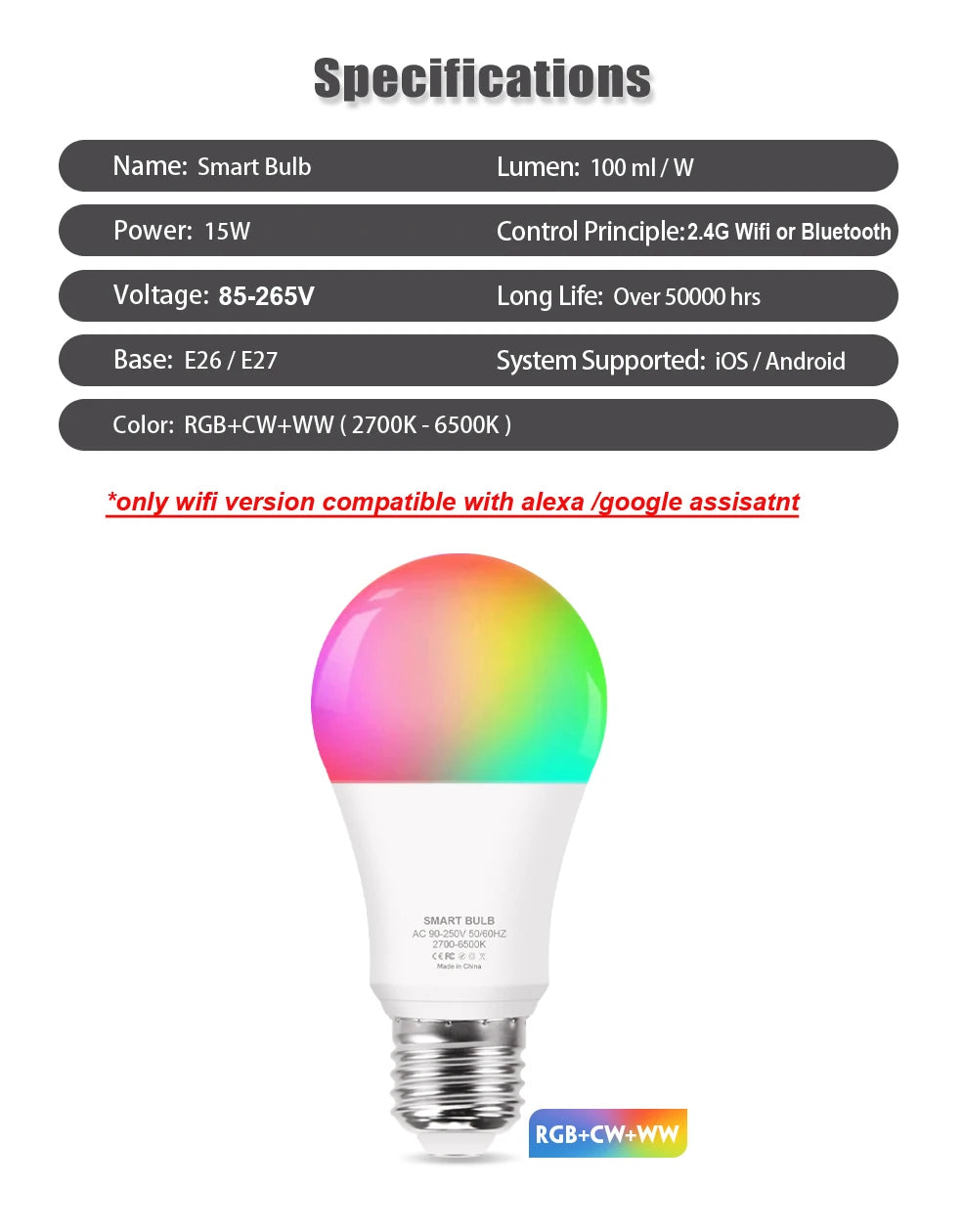 Wifi/Bluetooth Smart Bulb Alexa Led Lamp E27 RGB Smart Light Bulbs 110V 220V Smart Lamps For Google Assisatnt Smart Life