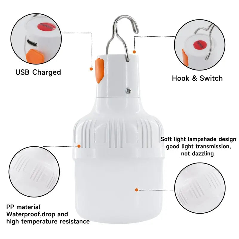Outdoor USB Rechargeable LED Lamp Bulbs High Brightness Emergency Light Hook Up Camping