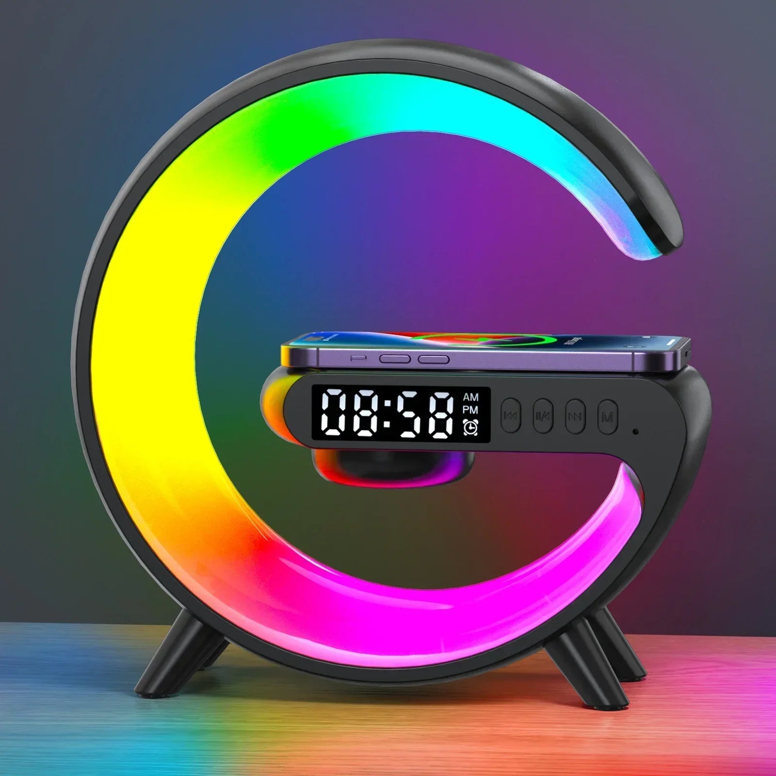 Multifunction Wireless Charger Stand Pad RGB Light Alarm Clock Speaker